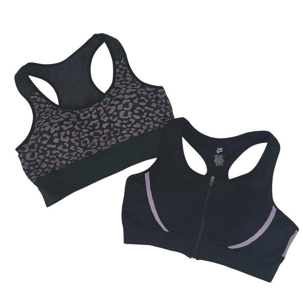 Soho Sport Sports Bra 2 Pk Large Black Purple Leopard Zip Front Racerback Padded